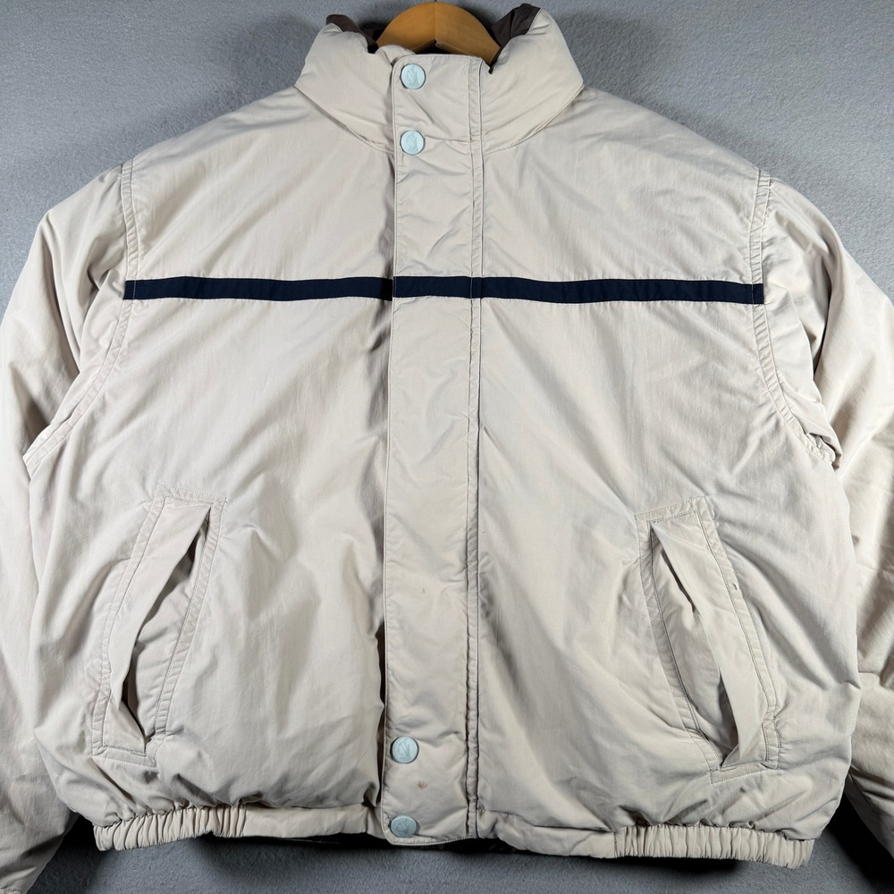 Nautica Reversible Puffer Jacket Mens Cream Olive Green Down Filled Vintage VDR